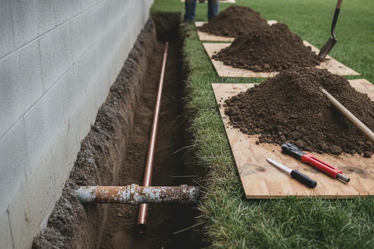 Excavated water line trench during Water Softener Installation in Frankfort